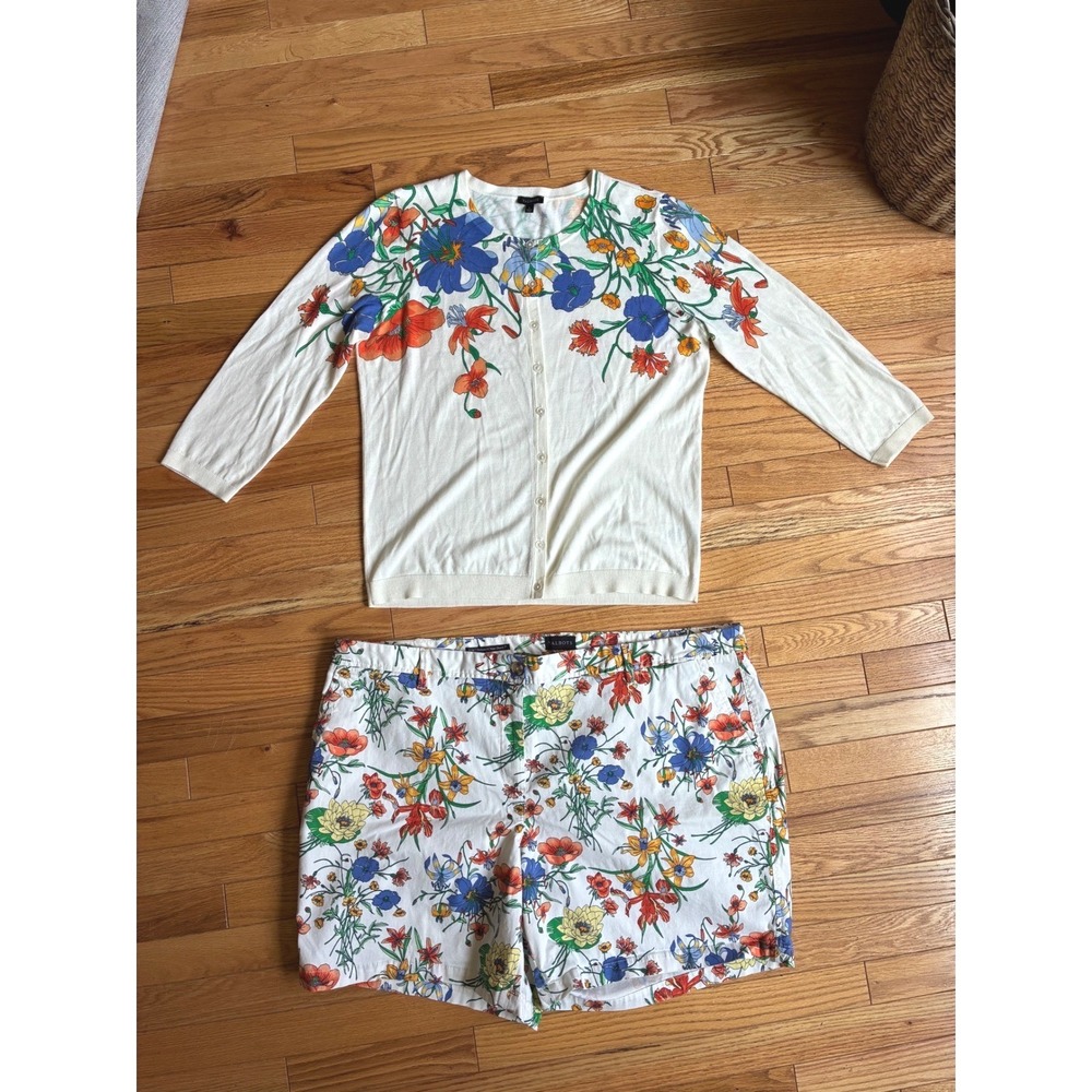 Talbots Floral Cardigan L and Shorts 20W Botanical Vacation Preppy Old Money